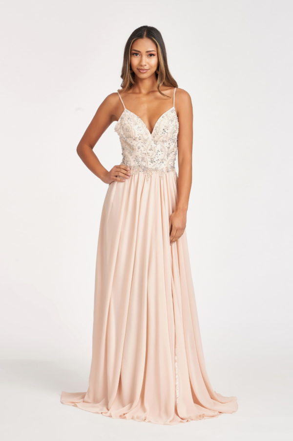 Detachable Mesh Sleeve V-Neck Chiffon Prom Dress-4