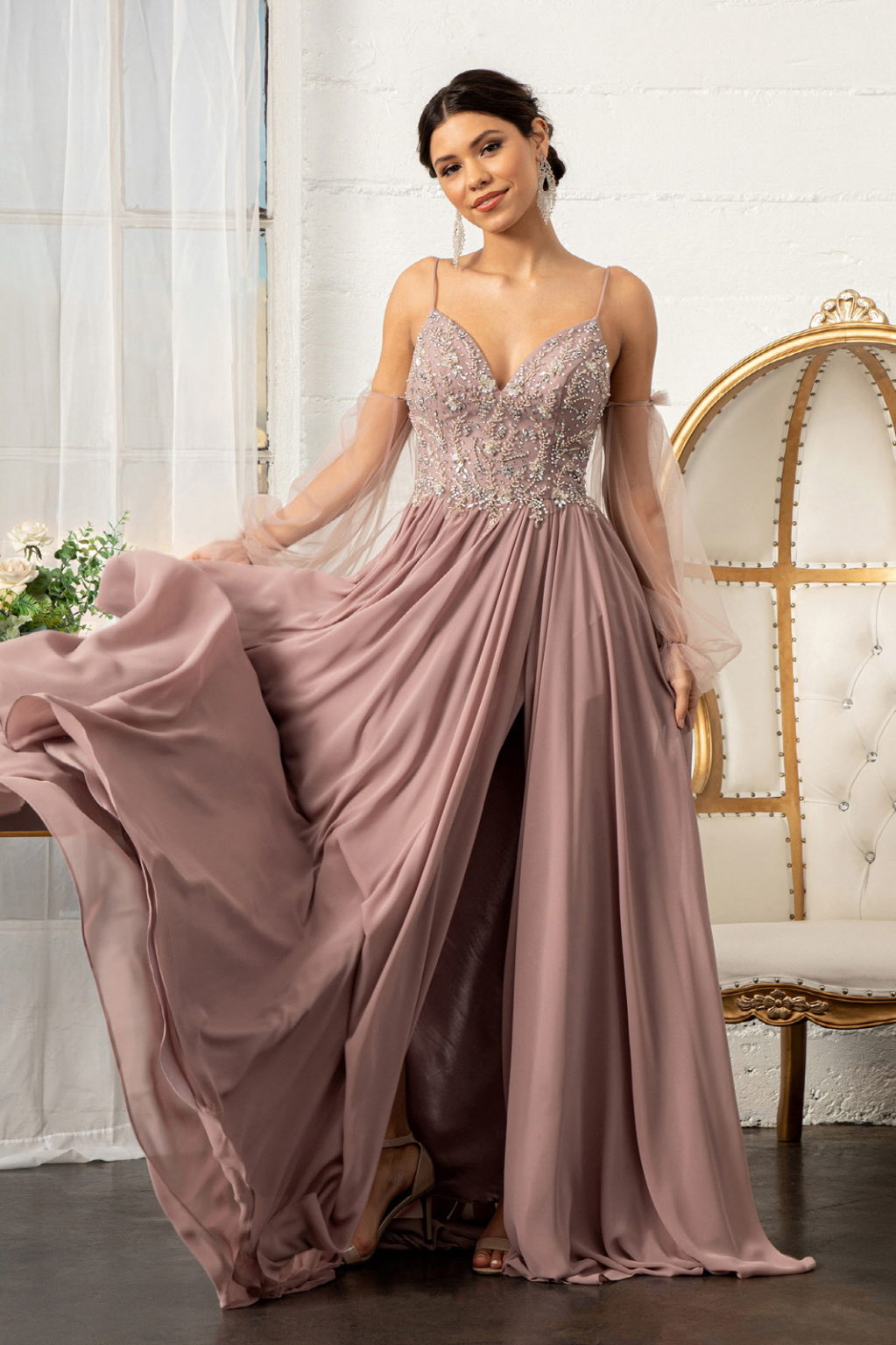Detachable Mesh Sleeve V-Neck Chiffon Prom Dress-1