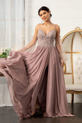 Detachable Mesh Sleeve V-Neck Chiffon Prom Dress-1
