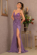 Sheer Bodice Sleeveless V-Neck Sequin Prom Dress w/ Leg Slit-1