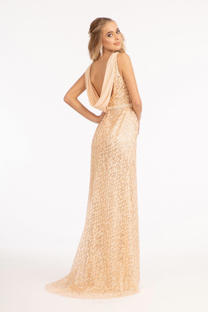 Embroidered Sequin Embellished Mesh Mermaid Dress w/ Chiffon Drape Cape-3