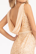 Embroidered Sequin Embellished Mesh Mermaid Dress w/ Chiffon Drape Cape-5