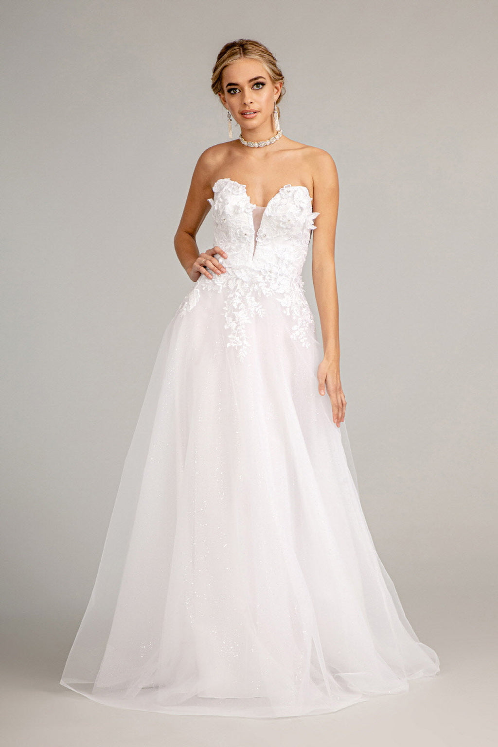 3-D Flower Embellished Mesh Wedding Gown w/ Rhinestone and Glitter Embellished-1