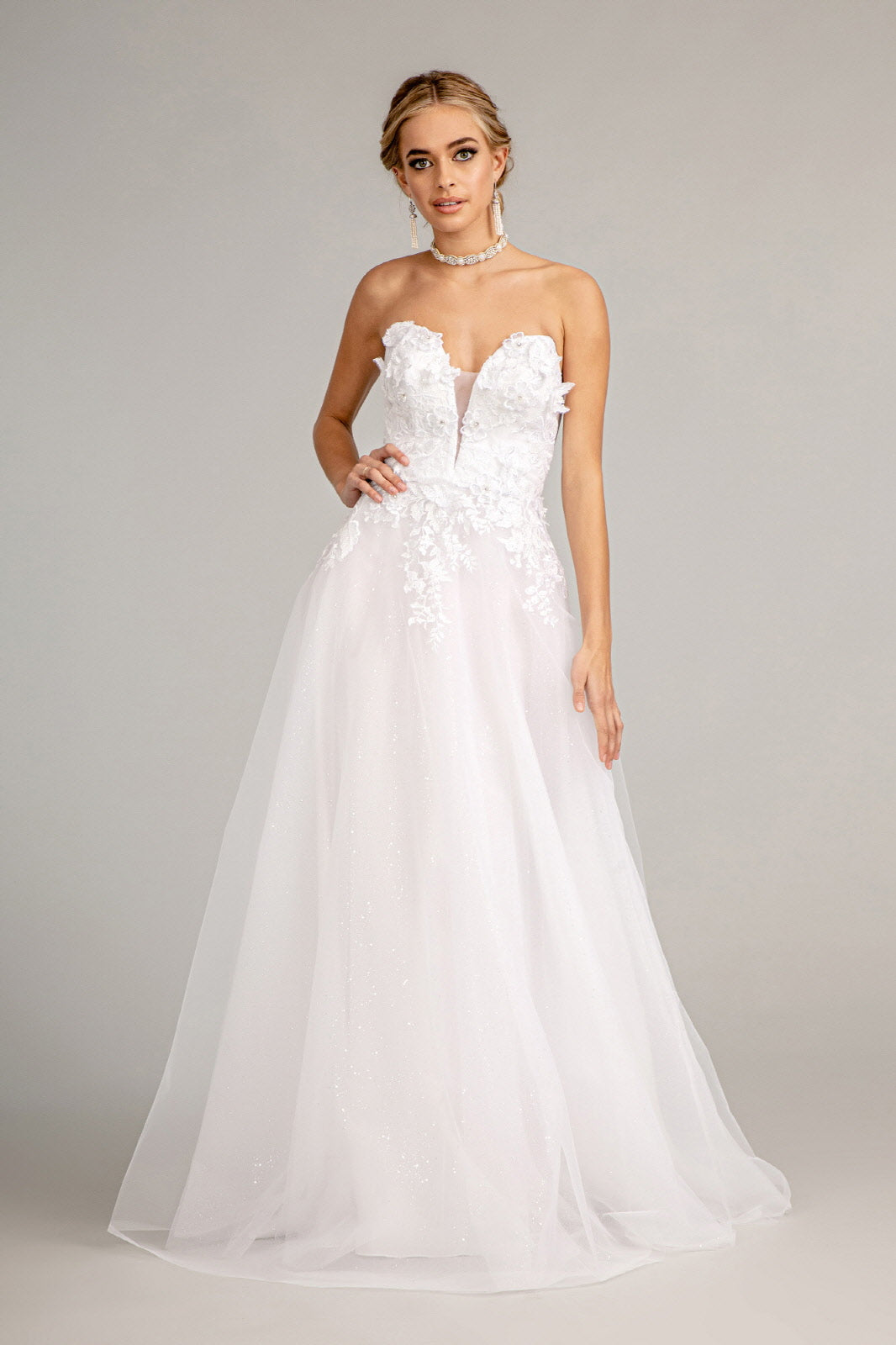 3-D Flower Embellished Mesh Wedding Gown w/ Rhinestone and Glitter Embellished-1
