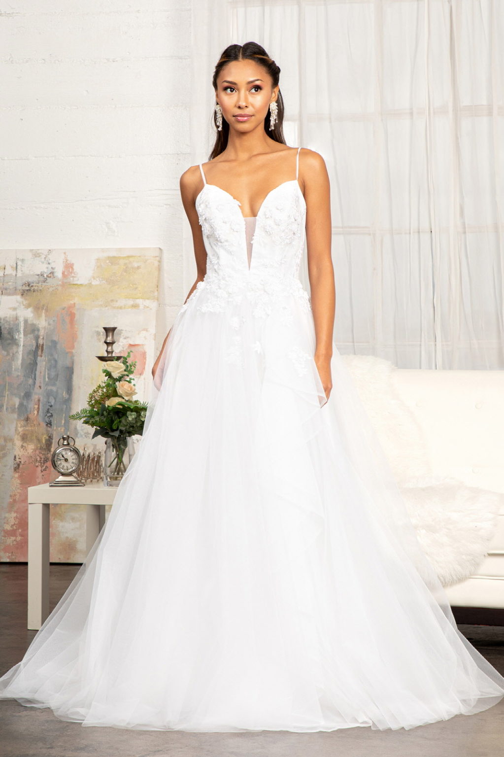 Embroidery & 3D Floral Applique Embellished V-Neck Mesh Wedding Dress-1