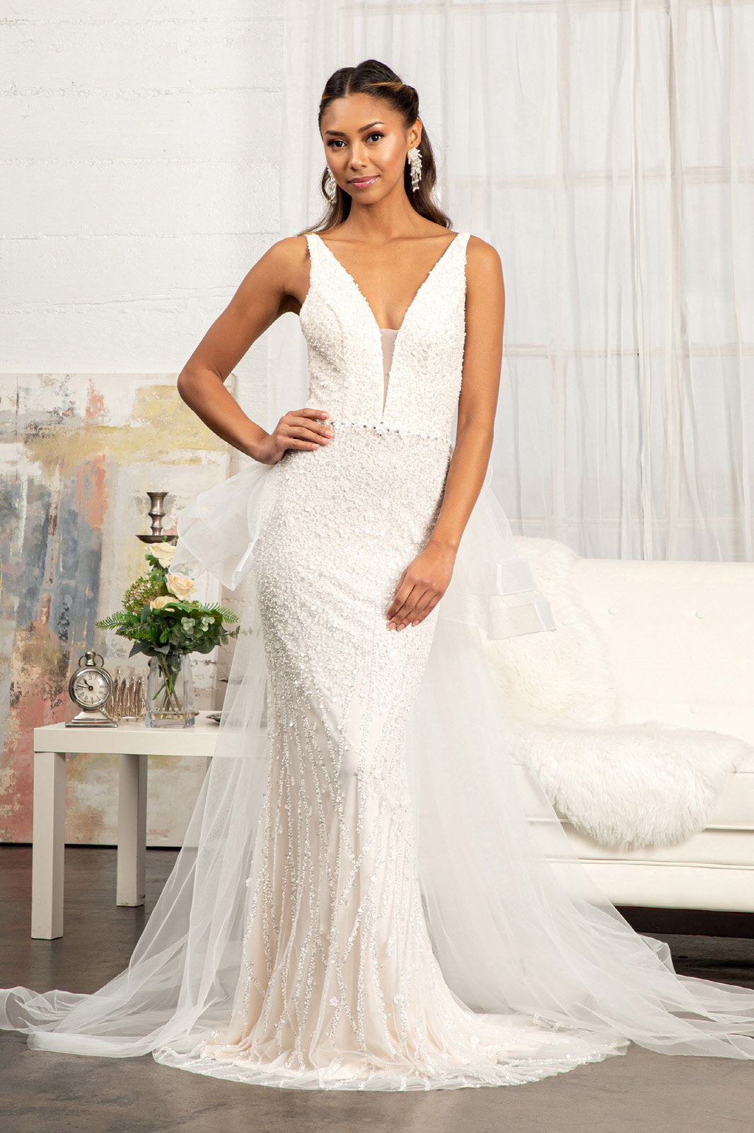 3-D Flower Applique Mermaid Mesh Wedding Gown w/ Detached Mesh Layer-1