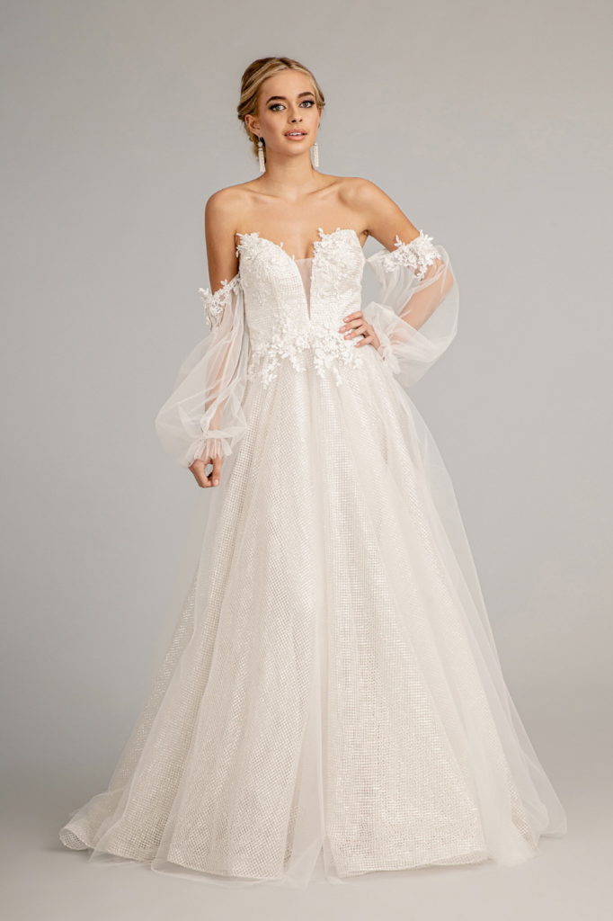 3-D Flower Embellished Glitter Netting A-line Dress w/ Detached Long Sleeves-2