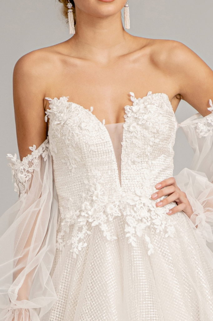 3-D Flower Embellished Glitter Netting A-line Dress w/ Detached Long Sleeves-2