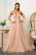 3-D Flower Embellished Glitter Netting A-line Dress w/ Detached Long Sleeves-5