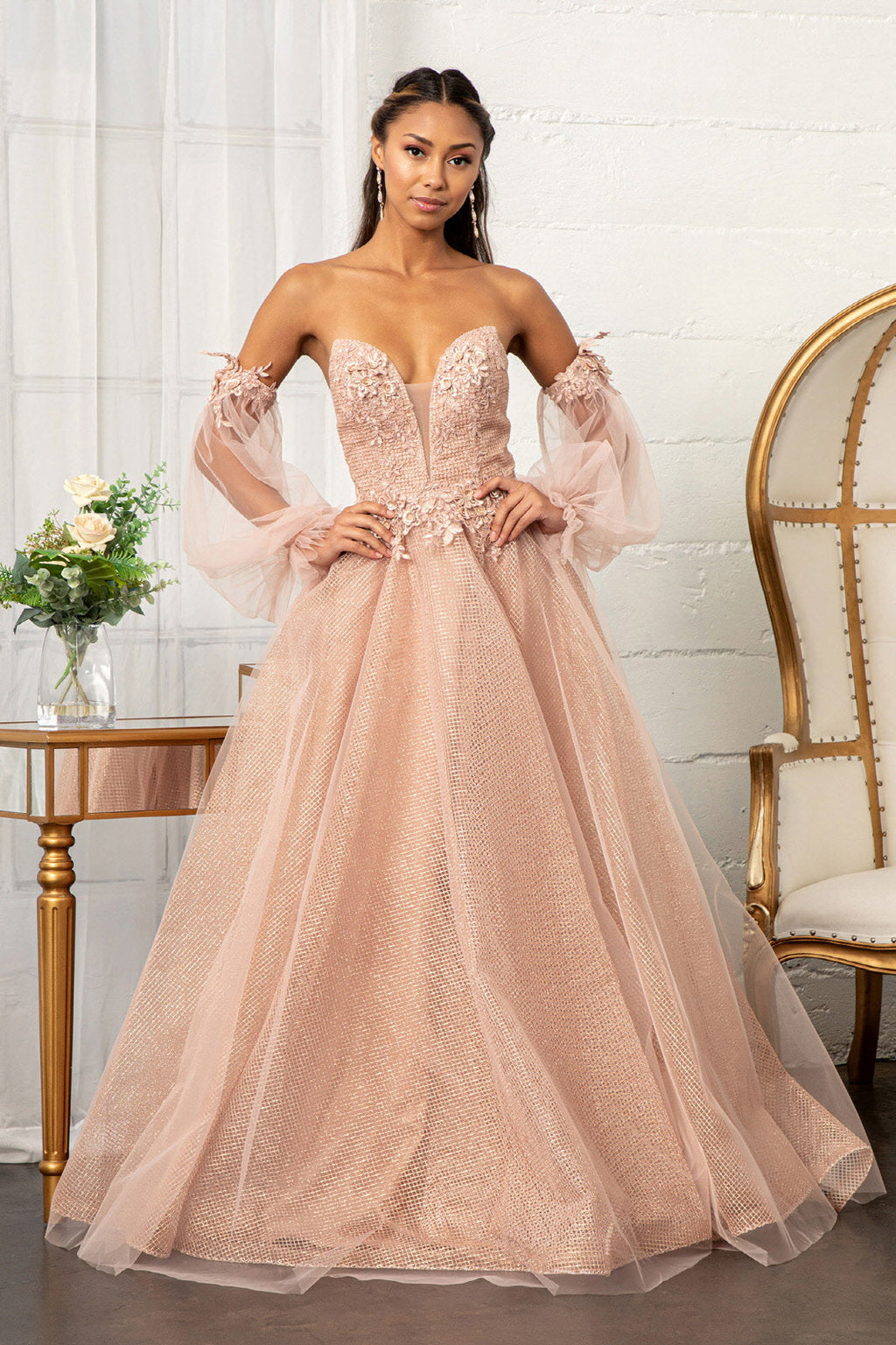 3-D Flower Embellished Glitter Netting A-line Dress w/ Detached Long Sleeves-1