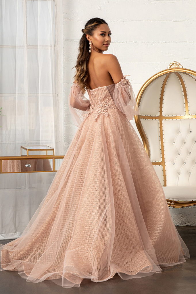 3-D Flower Embellished Glitter Netting A-line Dress w/ Detached Long Sleeves-4