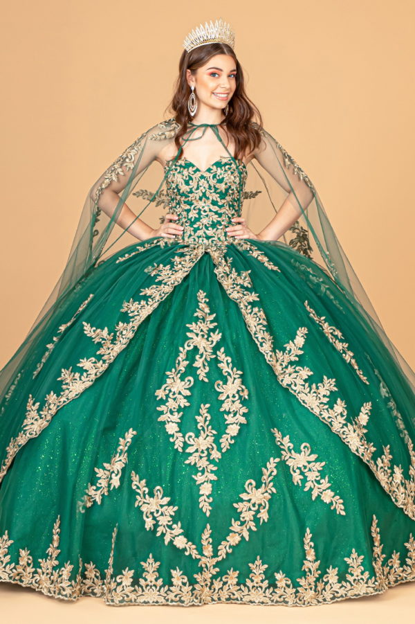 Jewel Embellished Tull Quinceanera Ball Gown w/ Embroidered Mesh Cape-1