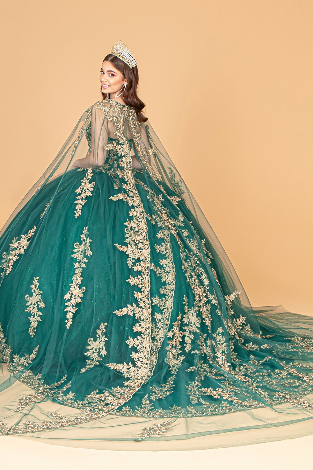Jewel Embellished Tull Quinceanera Ball Gown w/ Embroidered Mesh Cape-2