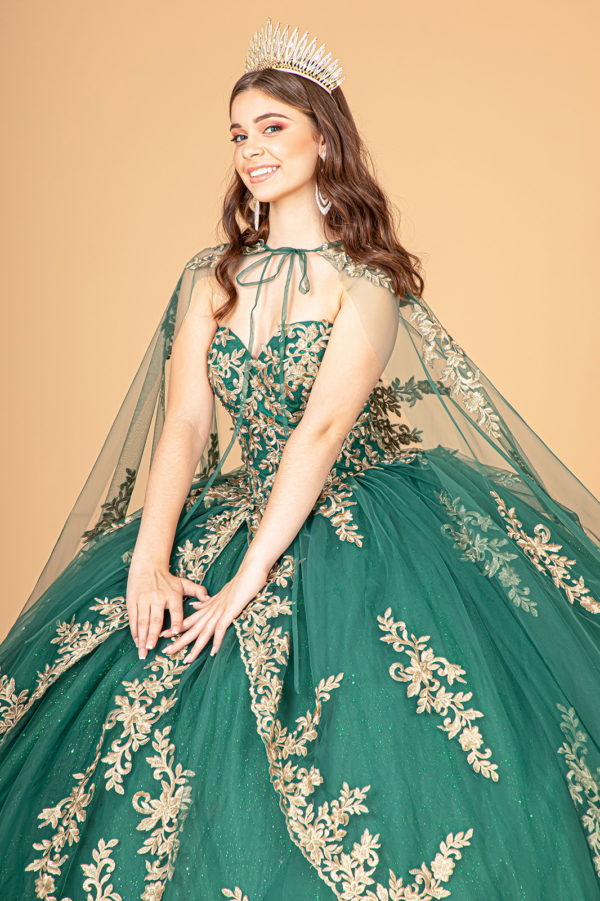 Jewel Embellished Tull Quinceanera Ball Gown w/ Embroidered Mesh Cape-5