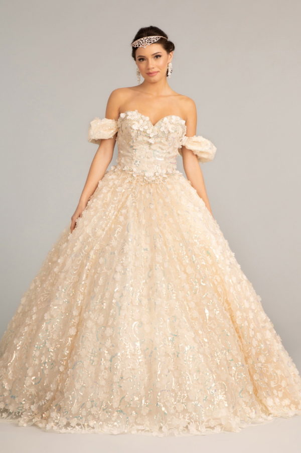 Jewel Embellished Mesh Quinceanera Ball Gown w/ 3-D Applique and Corset-2