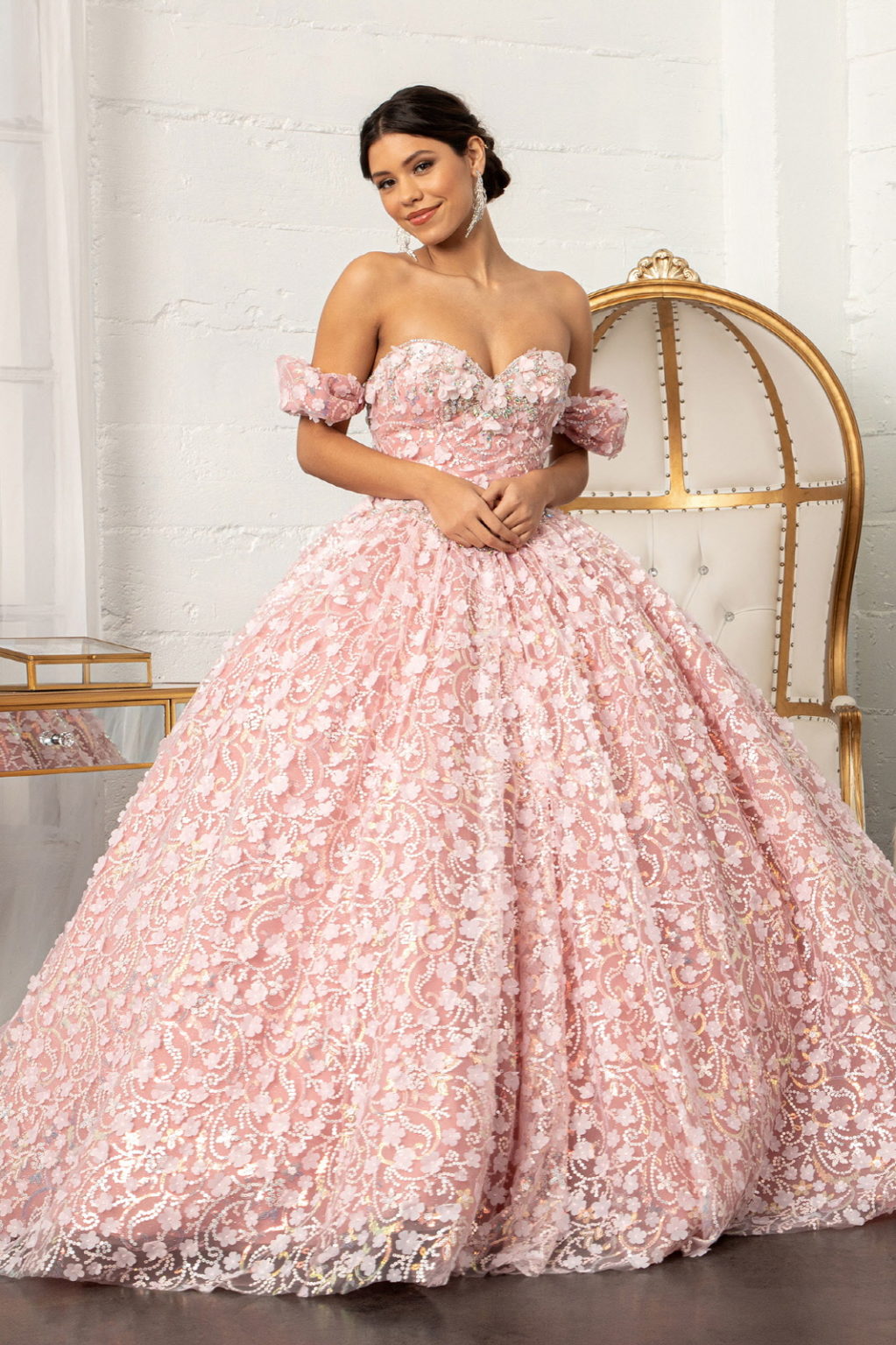 Jewel Embellished Mesh Quinceanera Ball Gown w/ 3-D Applique and Corset-1