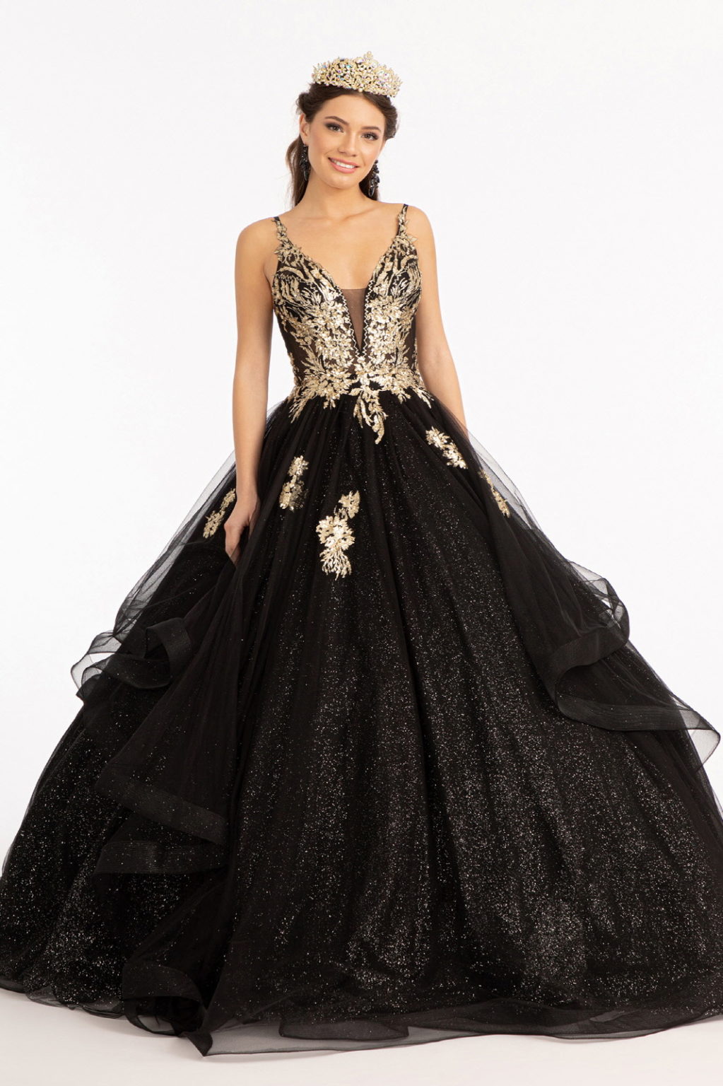 Glitter Embellished Mesh Quinceanera Gown w/ Sequin and Sheer Bodice (Petticoat Included)-1