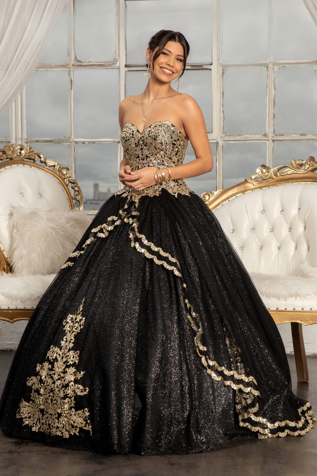 Glitter Embellished Mesh Quinceanera Ball Gown w/ Sweetheart Neckline (Petticoat Included)-1