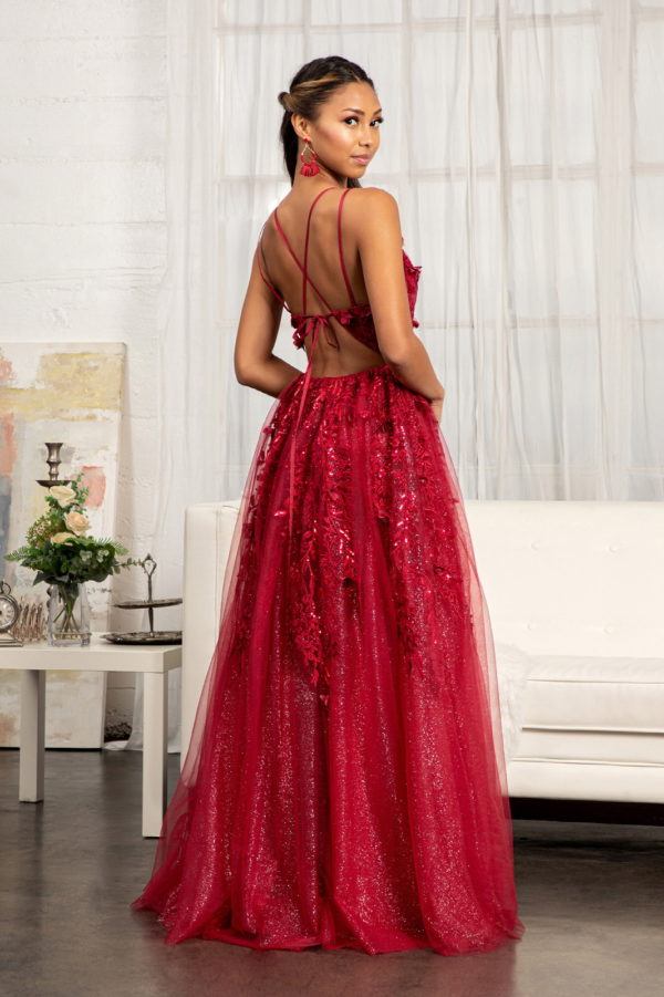 Sequin Embellished Mesh A-line Dress w/ 3-D Flower Applique and Side Slit-3