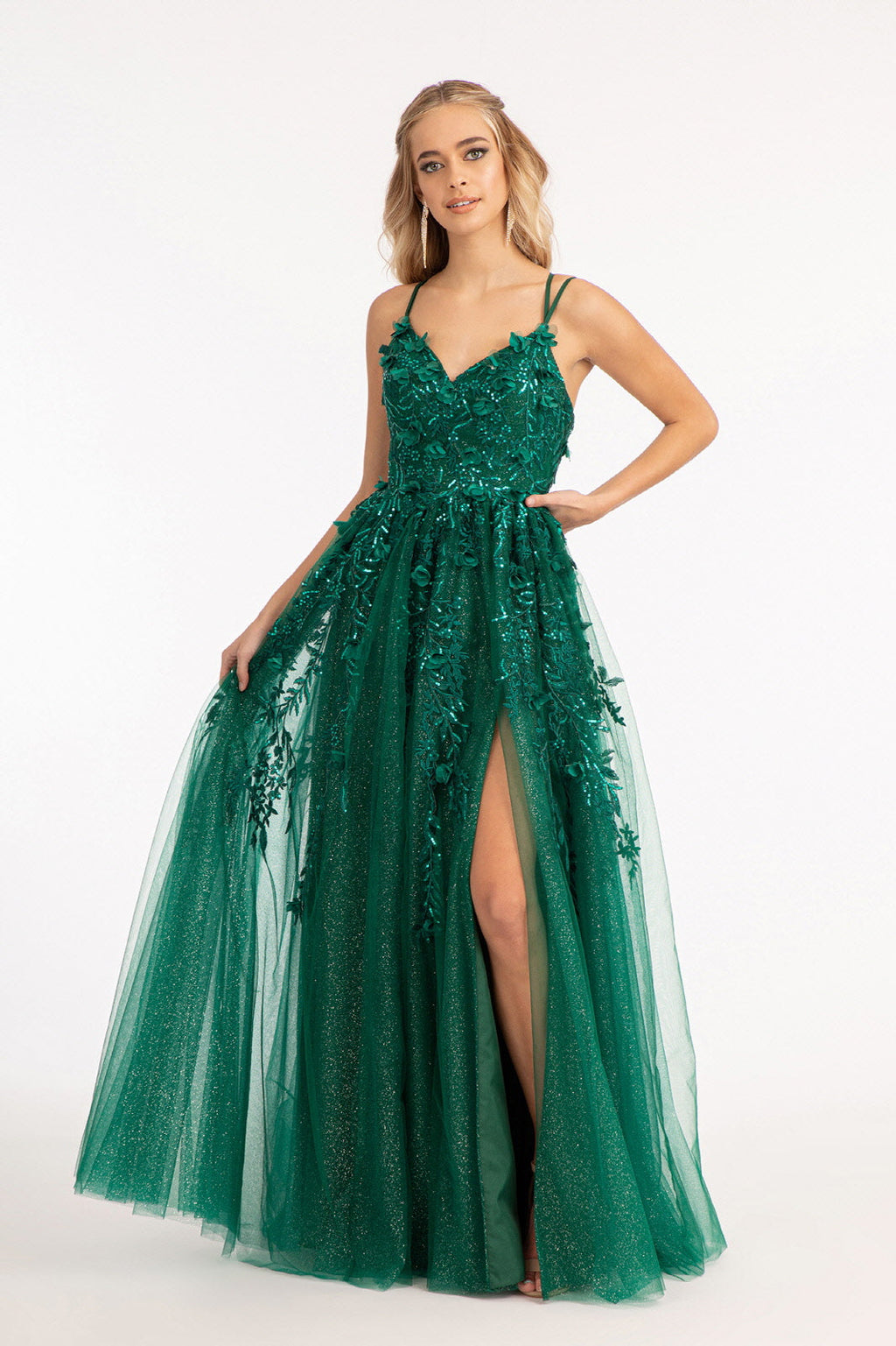 Sequin Embellished Mesh A-line Dress w/ 3-D Flower Applique and Side Slit-1