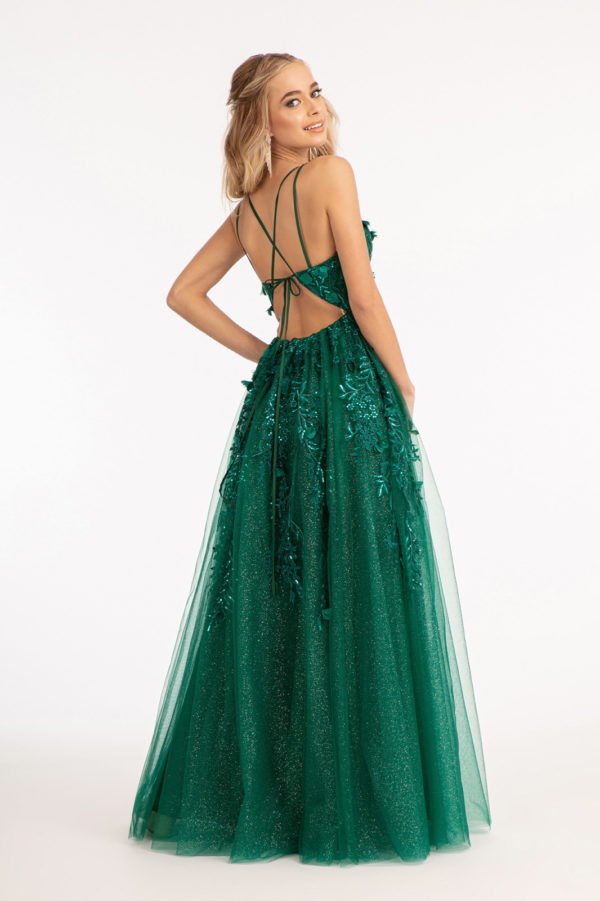 Sequin Embellished Mesh A-line Dress w/ 3-D Flower Applique and Side Slit-5