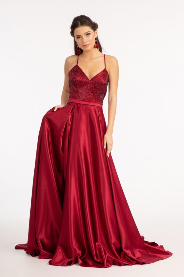 Full Rhinestone Bodice Lace-Up Back Satin Prom Dress w/ Waistband-2