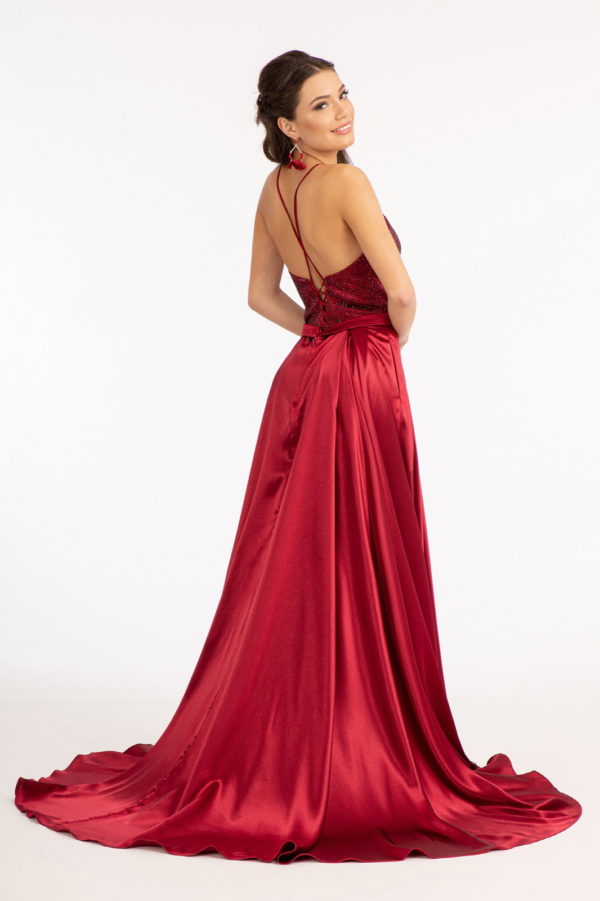Full Rhinestone Bodice Lace-Up Back Satin Prom Dress w/ Waistband-3
