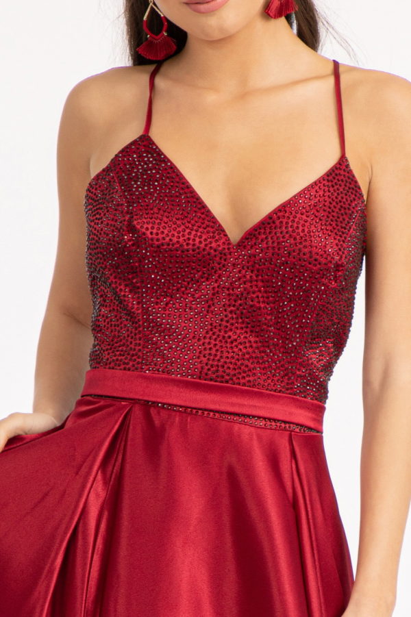 Full Rhinestone Bodice Lace-Up Back Satin Prom Dress w/ Waistband-4