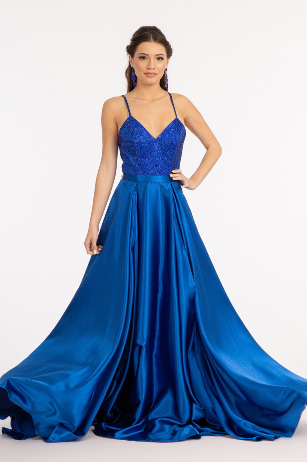 Full Rhinestone Bodice Lace-Up Back Satin Prom Dress w/ Waistband-1