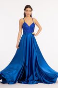 Full Rhinestone Bodice Lace-Up Back Satin Prom Dress w/ Waistband-1