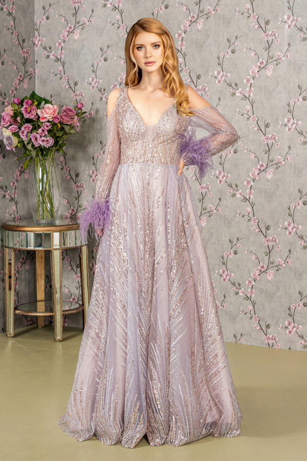 Feather-Wrist Embellished Glitter A-line Dress w/ Cut-Away Long Sleeves-3