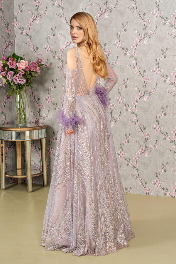 Feather-Wrist Embellished Glitter A-line Dress w/ Cut-Away Long Sleeves-4