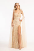 Feather-Shoulder Embellished Glitter Mermaid Dress w/ Mesh Layer Drape-0