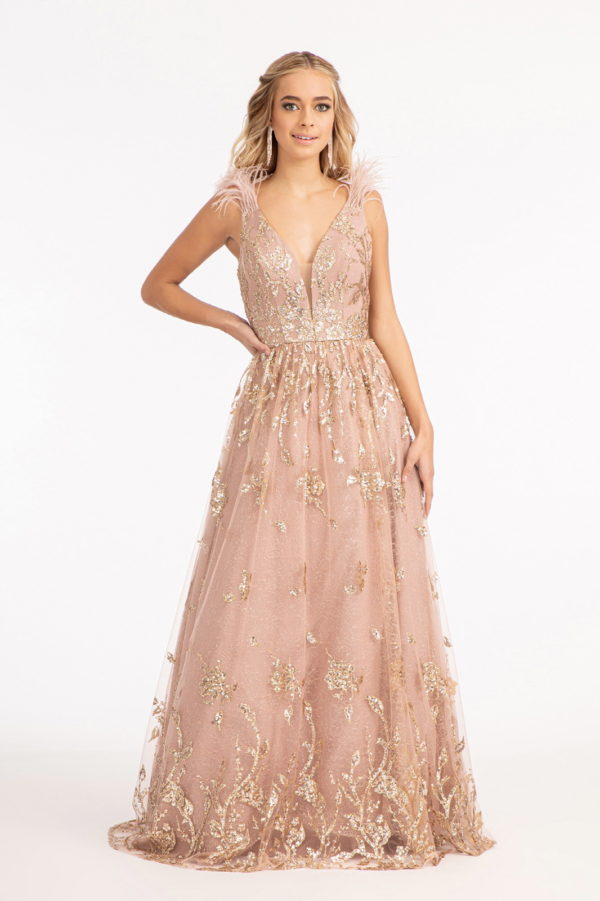 Feather-Shoulder Embellished Glitter A-line Dress w/ Sheer Open V-back-2