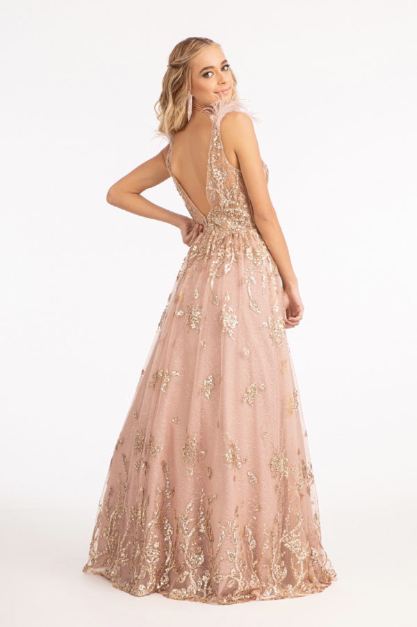 Feather-Shoulder Embellished Glitter A-line Dress w/ Sheer Open V-back-3