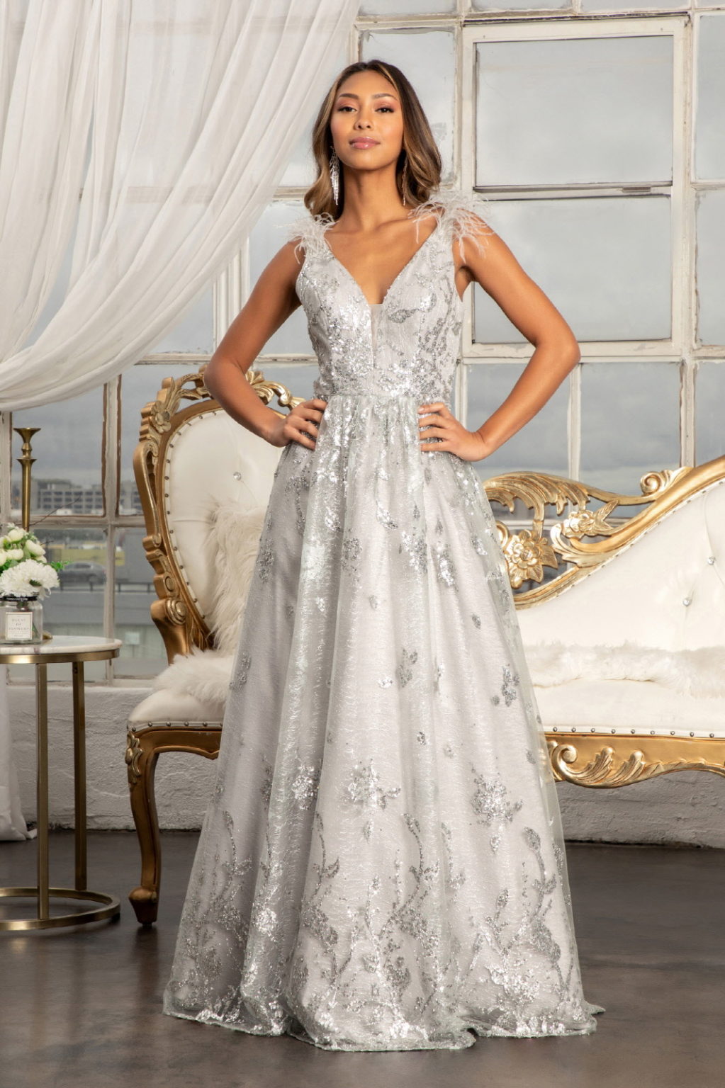 Feather-Shoulder Embellished Glitter A-line Dress w/ Sheer Open V-back-1