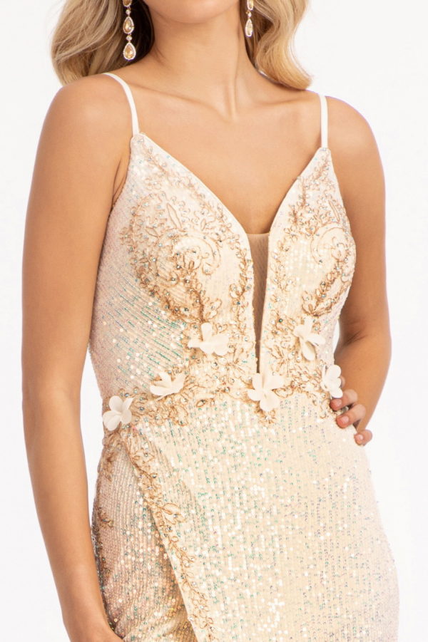 Sequin Embellished Illusion V-neck Mermaid Dress w/ Open V-back-3