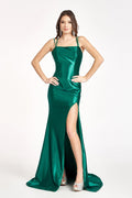 Straight Across Satin Mermaid Dress w/ Lace-up Back and Slit-1