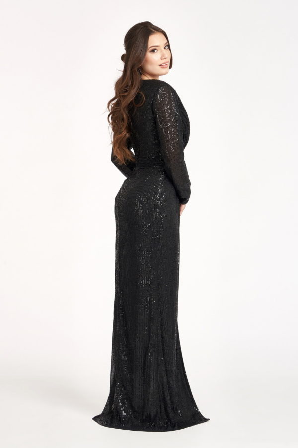 Gathered Waist Sequin Embellished Mermaid Dress w/ Long Sleeves-3