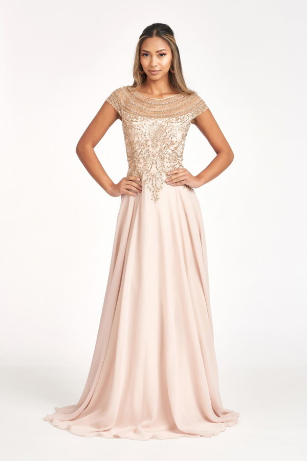 Beads Embellished Chiffon A-line Dress w/ Cap Sleeves-2