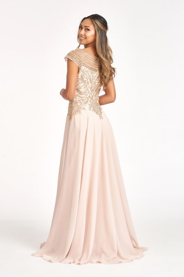 Beads Embellished Chiffon A-line Dress w/ Cap Sleeves-3