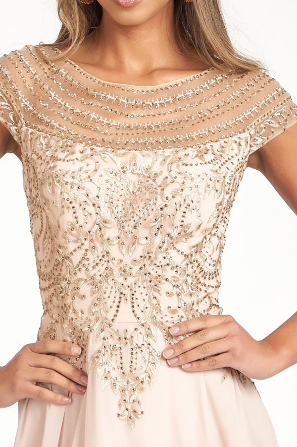 Beads Embellished Chiffon A-line Dress w/ Cap Sleeves-4
