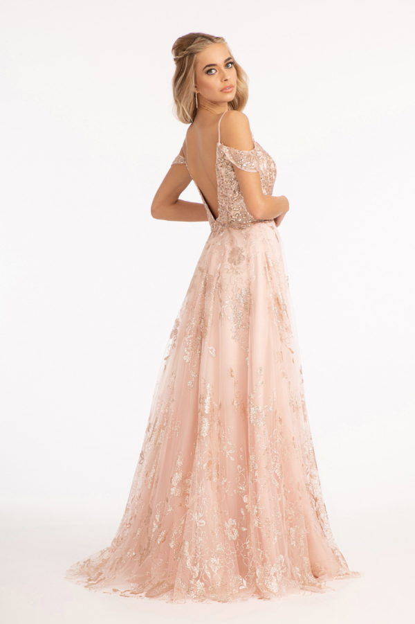 Illusion V-Neck Embroidered Mesh A-line Dress w/ Open V-Back-2