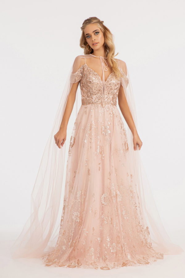 Illusion V-Neck Embroidered Mesh A-line Dress w/ Open V-Back-3