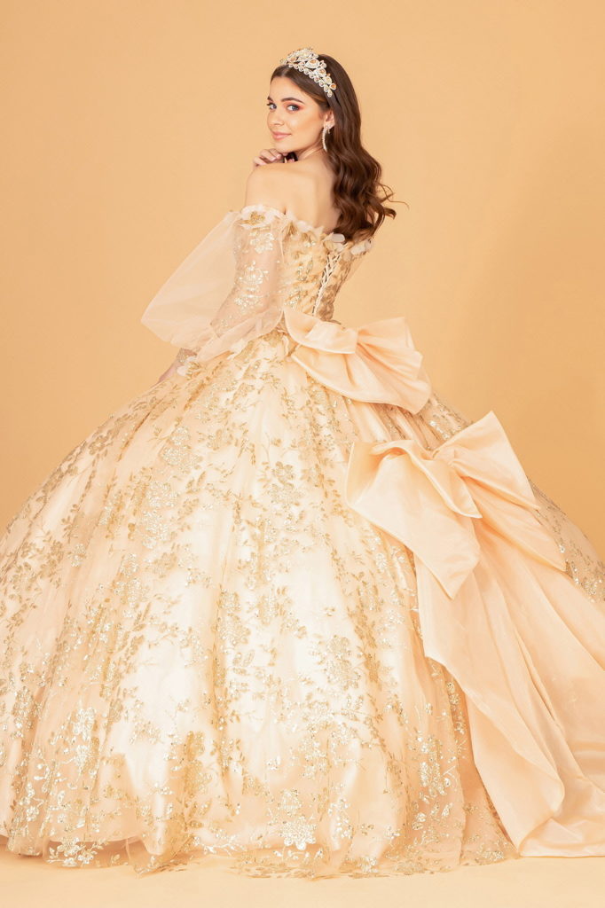 Mesh Long Sleeves Quinceanera Dress w/ Detachable Ribbon and Mini Bag-4