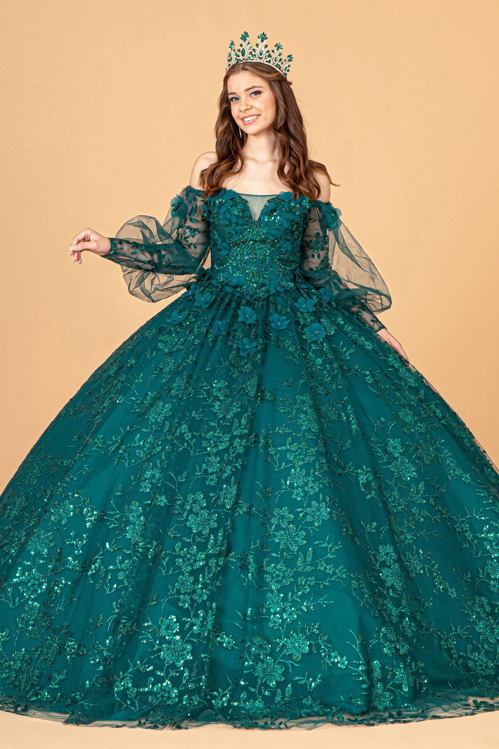 Mesh Long Sleeves Quinceanera Dress w/ Detachable Ribbon and Mini Bag-3