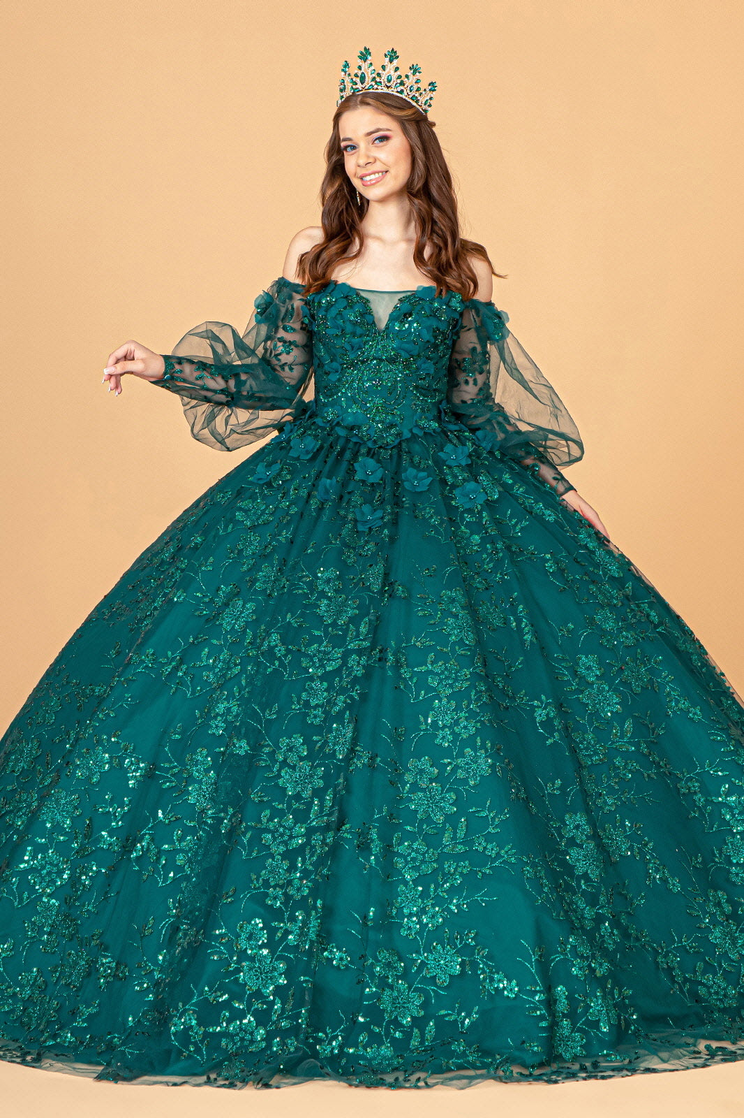 Mesh Long Sleeves Quinceanera Dress w/ Detachable Ribbon and Mini Bag-3
