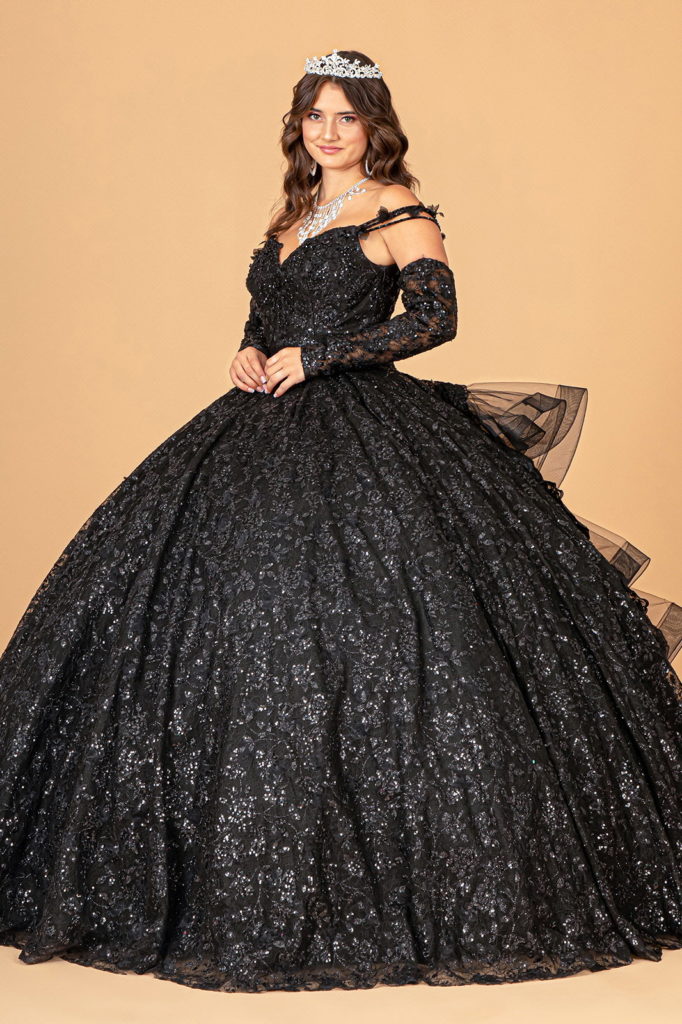 Mesh Detachable Long Sleeves Quinceanera Dress w/ Detachable Ribbon and Ruffled Train-3