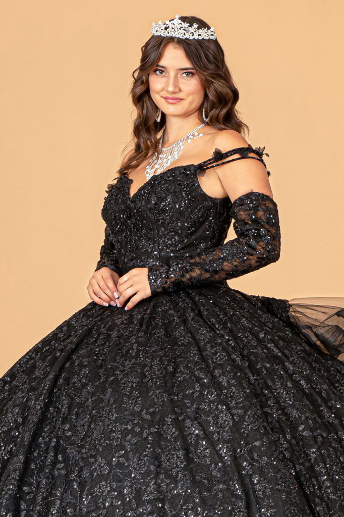Mesh Detachable Long Sleeves Quinceanera Dress w/ Detachable Ribbon and Ruffled Train-4