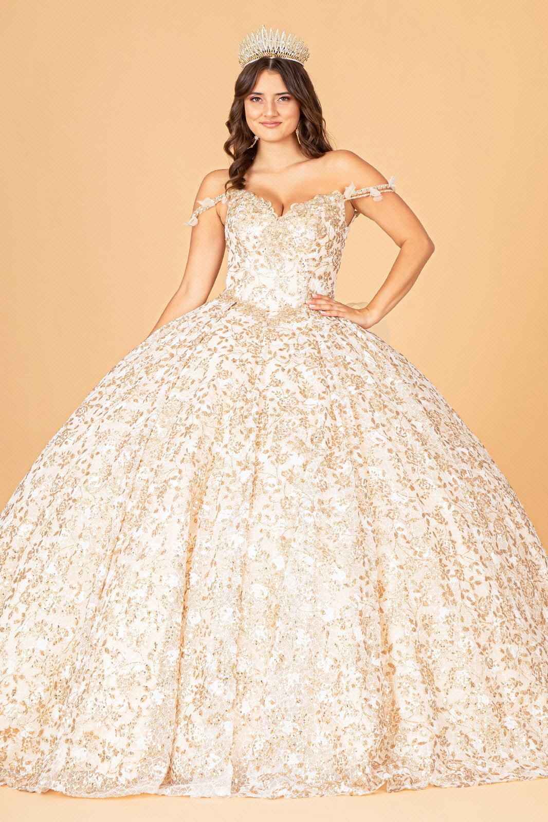 Mesh Detachable Long Sleeves Quinceanera Dress w/ Detachable Ribbon and Ruffled Train-1